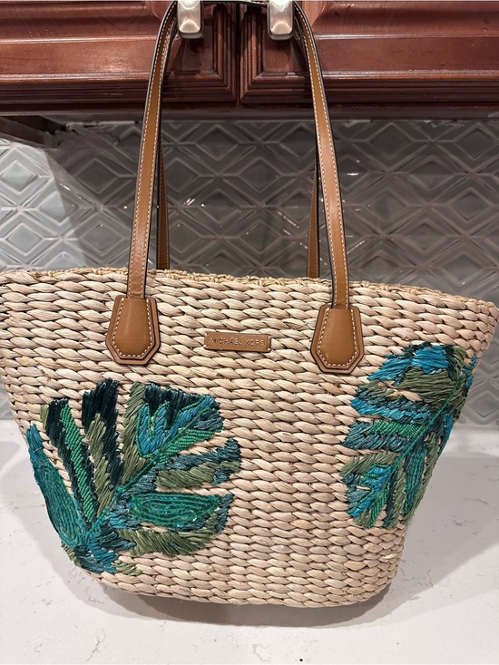 Michael Kors Handbags - Michael Kors Straw Tote with Teal & Green Leaf Embroidery